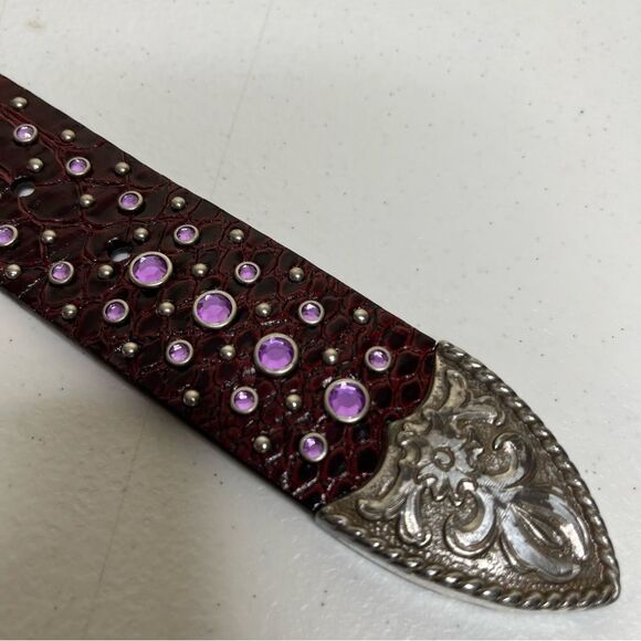 Ariat Burgundy Leather Purple Rhinestone Silver Buckle Handcrafted Belt Women 26 main image 5